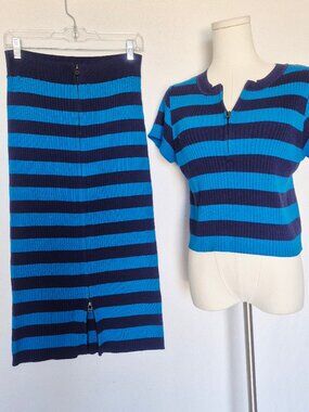 Daily Practice Anthropologie Set of Striped Short Sleeve Sweater Midi Skirt